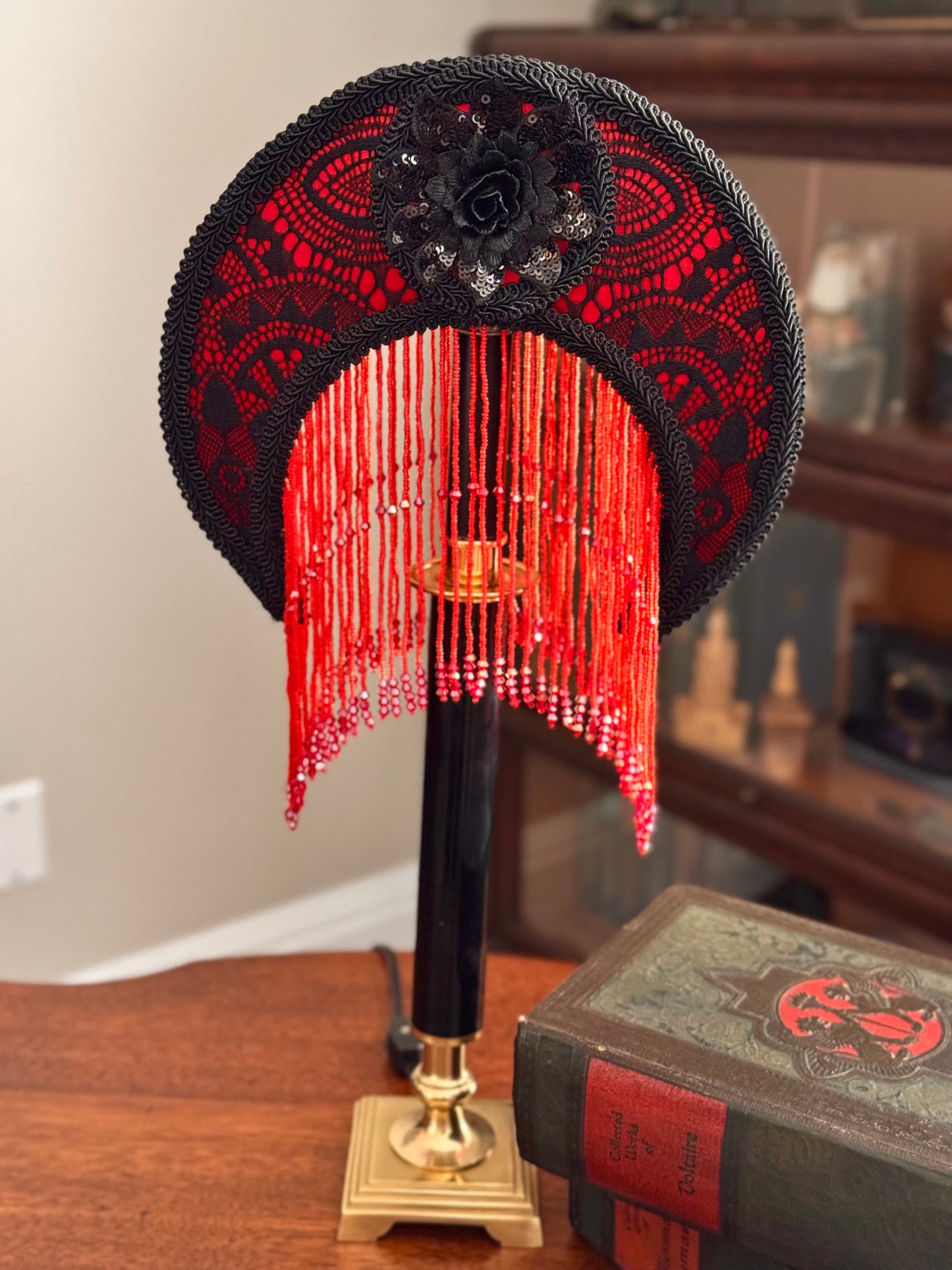 Crescent Red & Black Lace Boudoir Lamp
