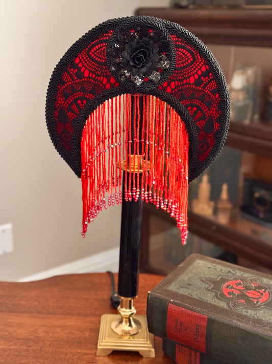 Crescent Red & Black Lace Boudoir Lamp