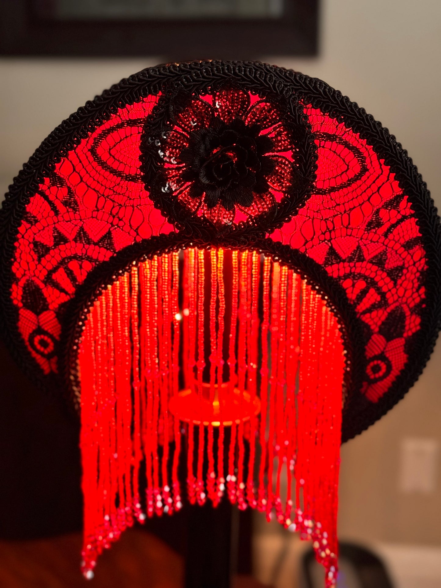 Crescent Red & Black Lace Boudoir Lamp
